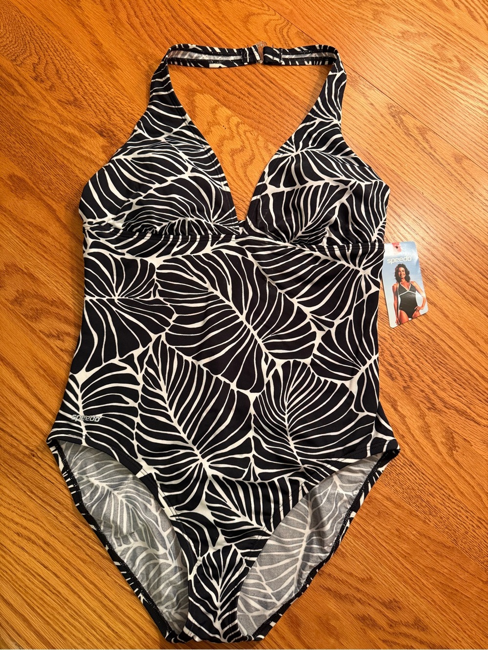 Speedo Black & White Leaf-Print Halter One-Piece Swimsuit